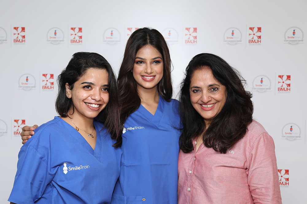 Dr. Shruti, former Miss Universe Harnaaz Sandhu, and Leela Imam, Smile Train’s Senior Program Director for India